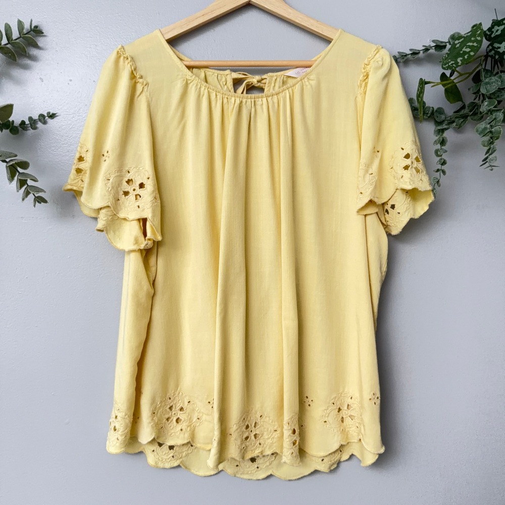 LC Lauren Conrad Butter Yellow Eyelet Scallop Flutter Sleeve Boho Peasant Top XL